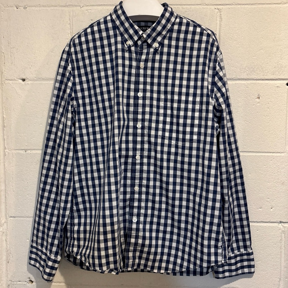 J Crew men’s performance shirt blue white plaid button down long sleeve size L